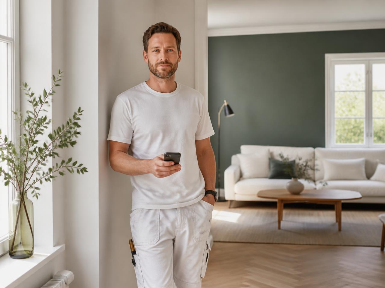 Målare i ett nymålat vardagsrum tittar på sin telefon